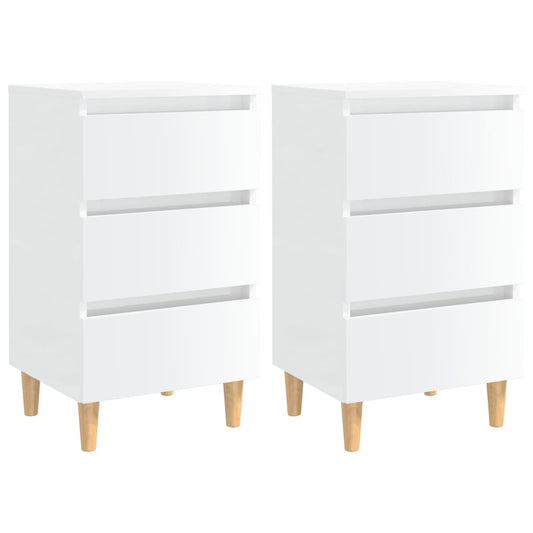 Tables de chevet pieds en bois 2 pcs blanc brillant 40x35x69 cm