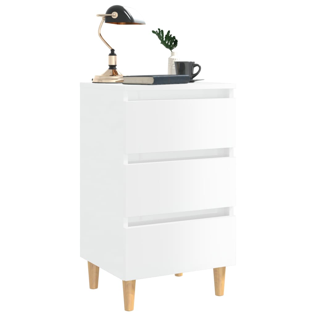 Tables de chevet pieds en bois 2 pcs blanc brillant 40x35x69 cm