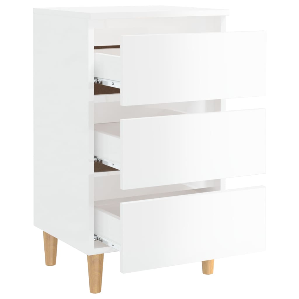 Tables de chevet pieds en bois 2 pcs blanc brillant 40x35x69 cm