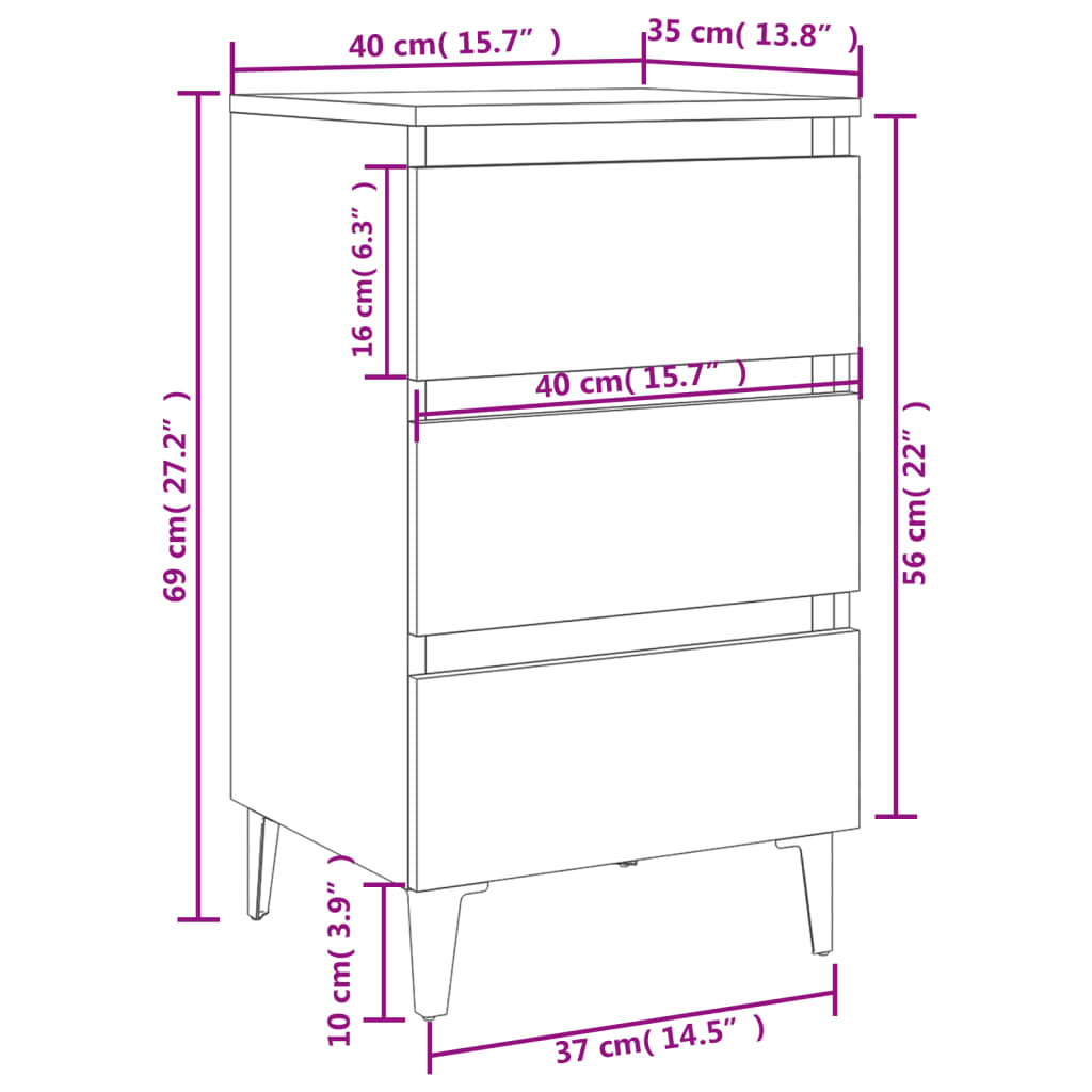 Tables de chevet avec pieds en métal 2 pcs noir 40x35x69 cm