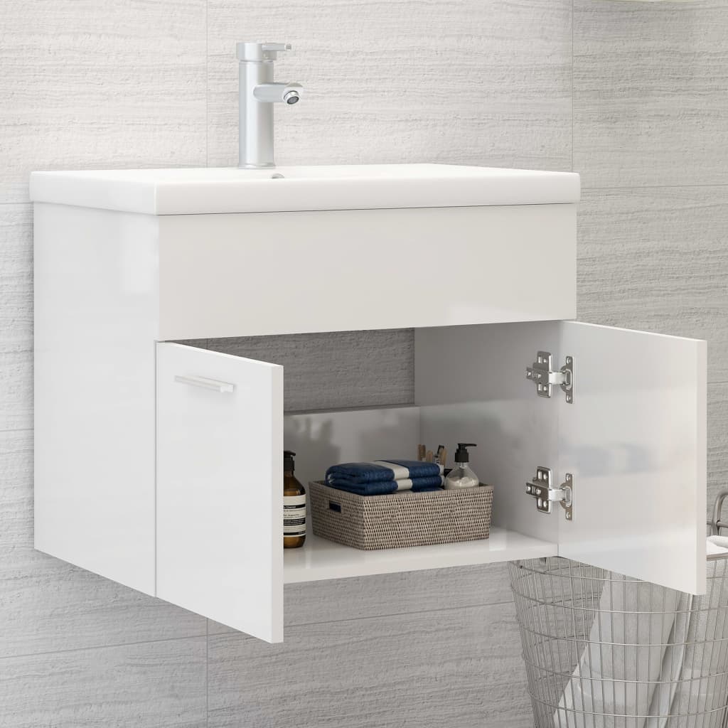 Armoire d'évier avec lavabo intégré Blanc brillant Aggloméré