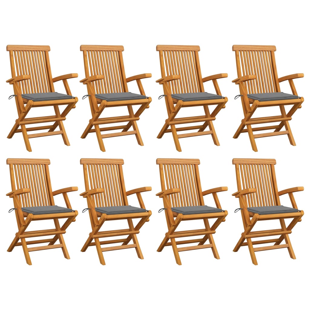 Chaises de jardin avec coussins gris lot de 8 Bois teck massif