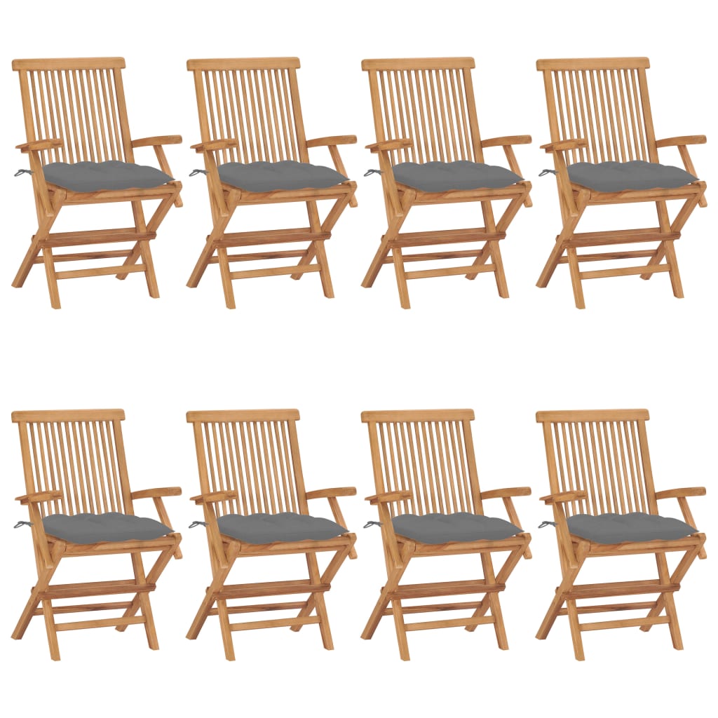 Chaises de jardin avec coussins gris lot de 8 Bois teck massif