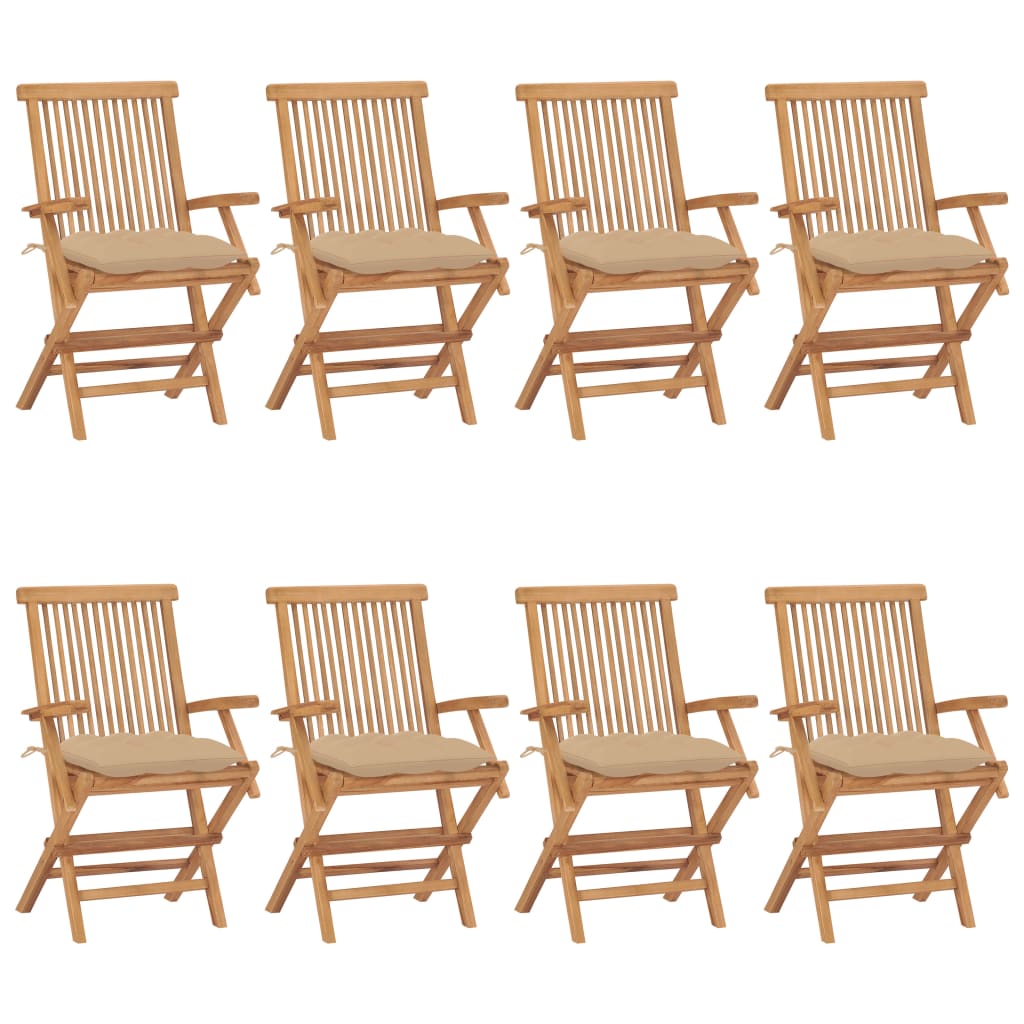 Chaises de jardin avec coussins beige lot de 8 Bois teck massif