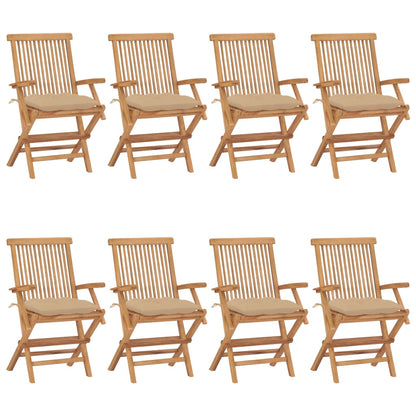 Chaises de jardin avec coussins beige lot de 8 Bois teck massif