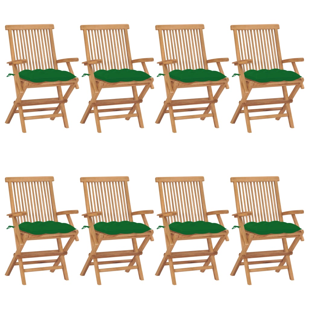 Chaises de jardin avec coussins vert lot de 8 Bois teck massif