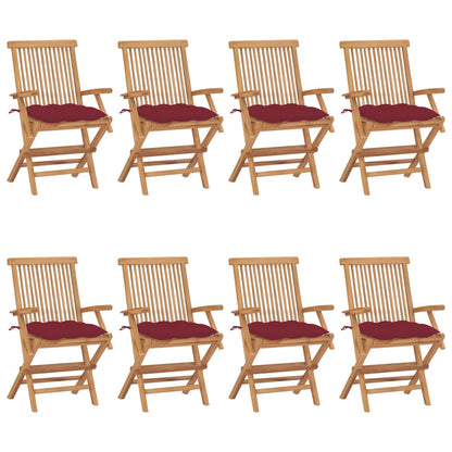 Chaises de jardin avec coussins bordeaux lot de 8 Teck massif