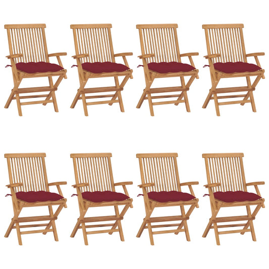 Chaises de jardin avec coussins bordeaux lot de 8 Teck massif