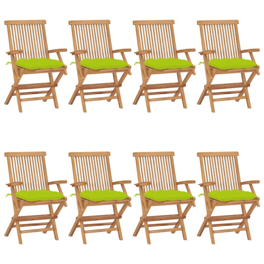 Chaises de jardin avec coussins vert vif lot de 8 Teck massif