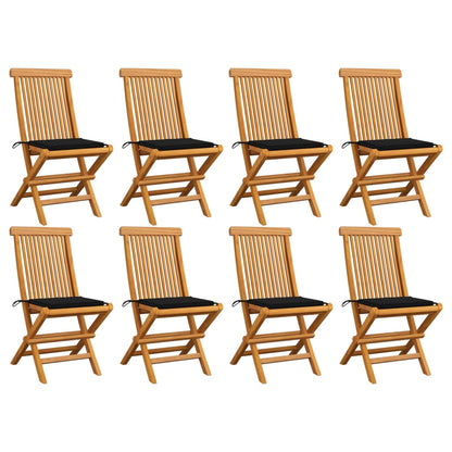 Chaises de jardin et coussins noir lot de 8 Bois de teck massif