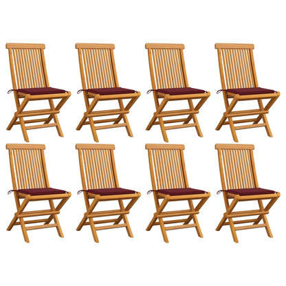 Chaises de jardin avec coussins bordeaux lot de 8 Teck massif