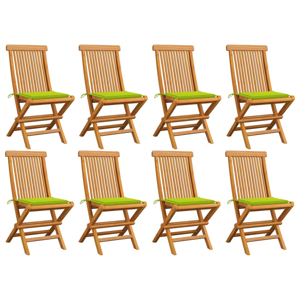 Chaises de jardin avec coussins vert vif lot de 8 Teck massif