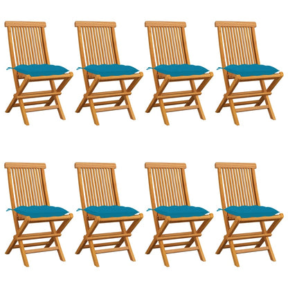 Chaises de jardin avec coussins bleu clair lot de 8 Teck massif