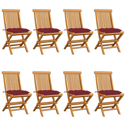 Chaises de jardin avec coussins bordeaux lot de 8 Teck massif