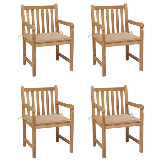 Chaises de jardin lot de 4 et coussins beige bois teck solide