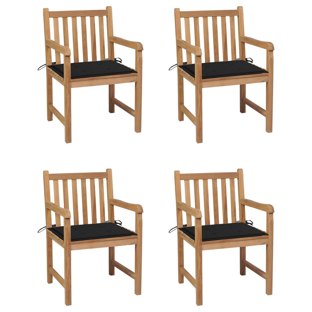 Chaises de jardin lot de 4 et coussins noir Bois de teck solide