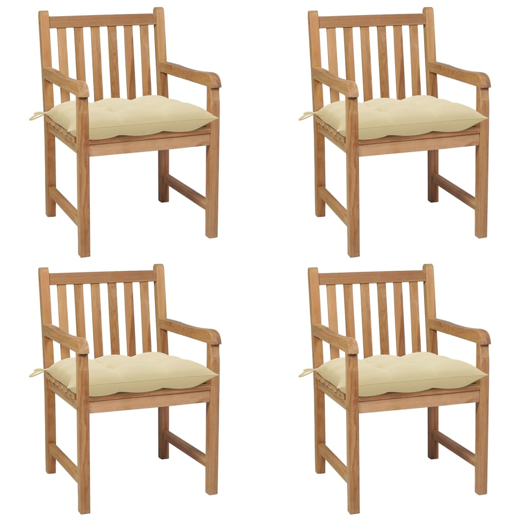 Chaises de jardin lot de 4 et coussins blanc crème Teck solide