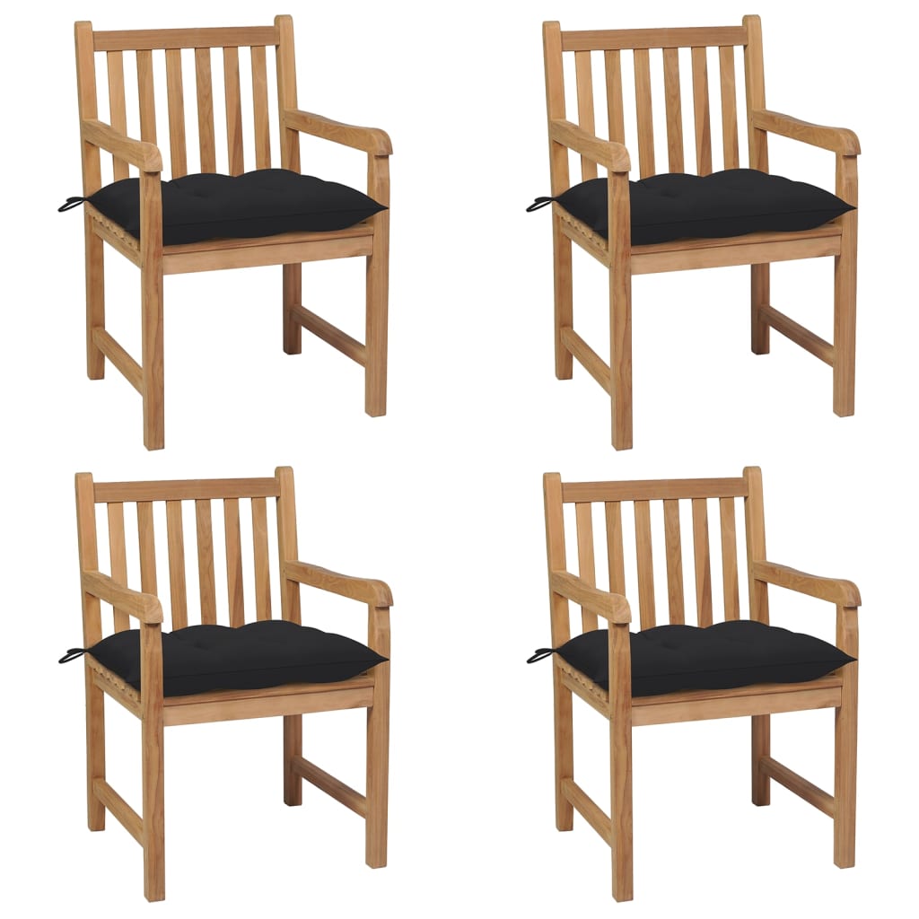 Chaises de jardin lot de 4 et coussins noir Bois de teck solide