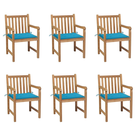 Chaises de jardin lot de 6 et coussins bleu Bois de teck massif