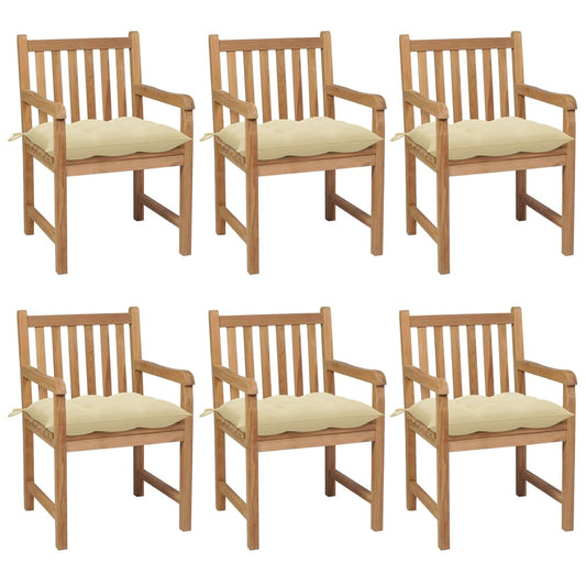 Chaises de jardin lot de 6 et coussins blanc crème Teck solide