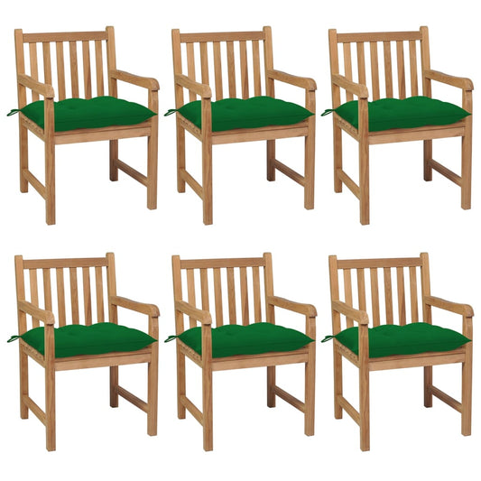 Chaises de jardin lot de 6 et coussins vert Bois de teck solide