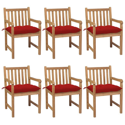 Chaises de jardin lot de 6 et coussins rouge bois teck solide