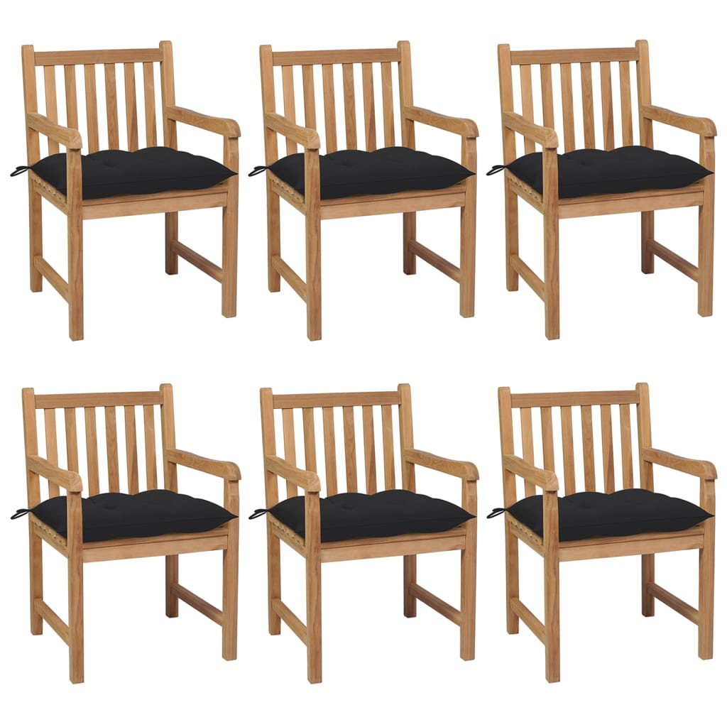 Chaises de jardin lot de 6 et coussins noir Bois de teck solide