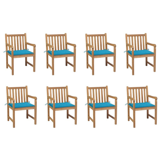 Chaises de jardin lot de 8 avec coussins bleu Bois teck massif