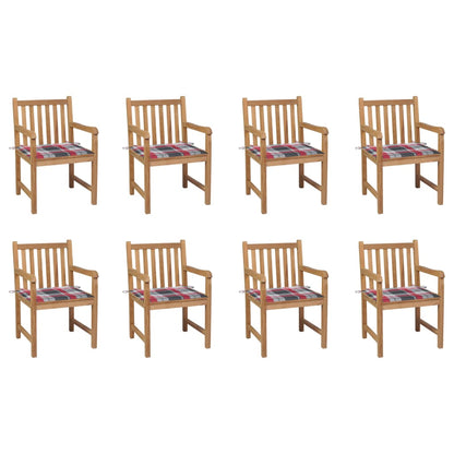 Chaises de jardin lot de 8 et coussins carreaux rouge Bois teck