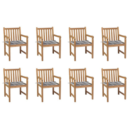 Chaises de jardin lot de 8 et coussins carreaux gris Bois teck