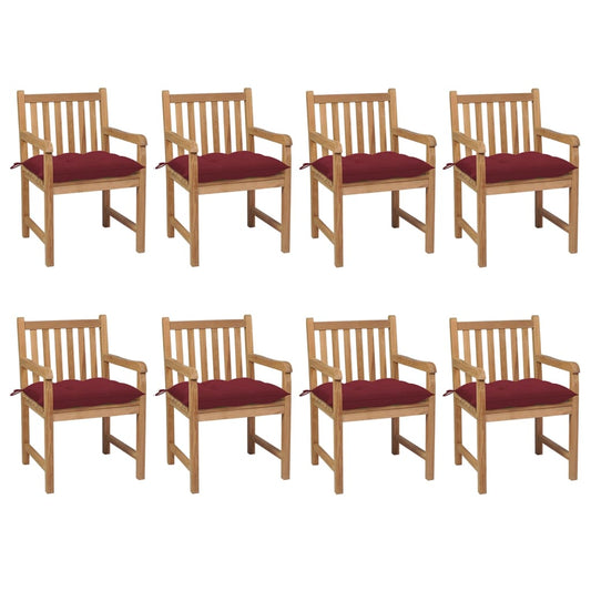 Chaises de jardin lot de 8 avec coussins bordeaux Teck solide