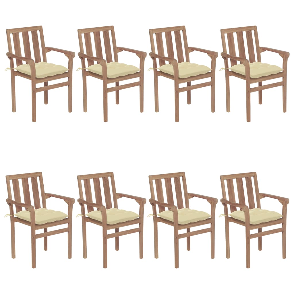 Chaises de jardin empilables avec coussins lot de 8 Teck solide