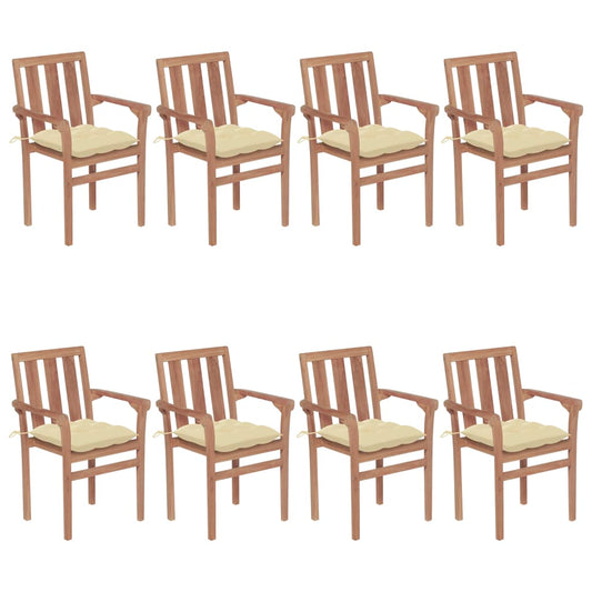 Chaises de jardin empilables avec coussins lot de 8 Teck solide