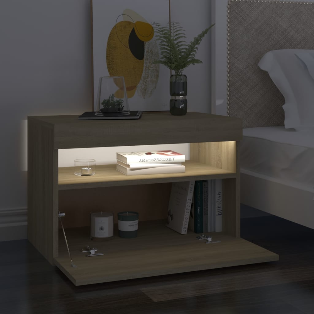 Table de chevet avec lumières LED chêne sonoma 60x35x40 cm