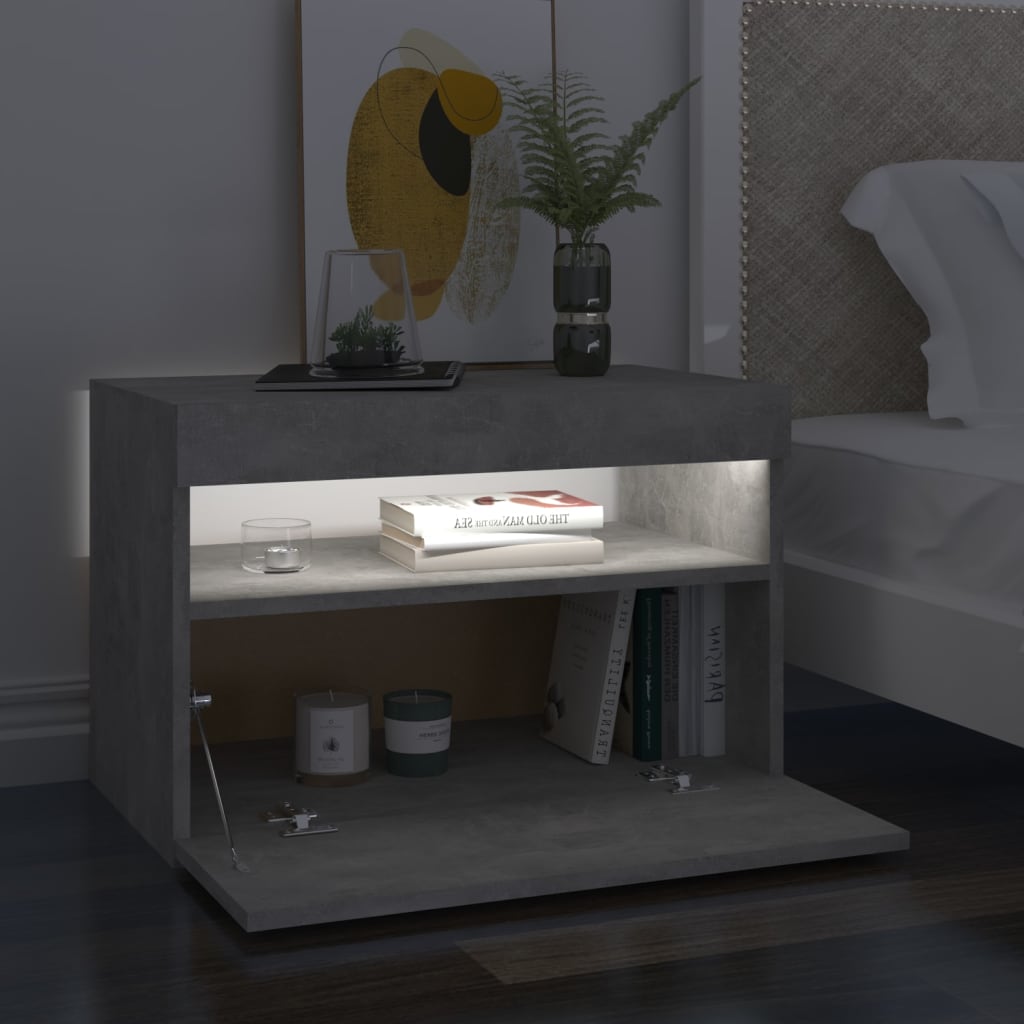 Tables de chevet avec lumières LED 2 pcs gris béton 60x35x40 cm