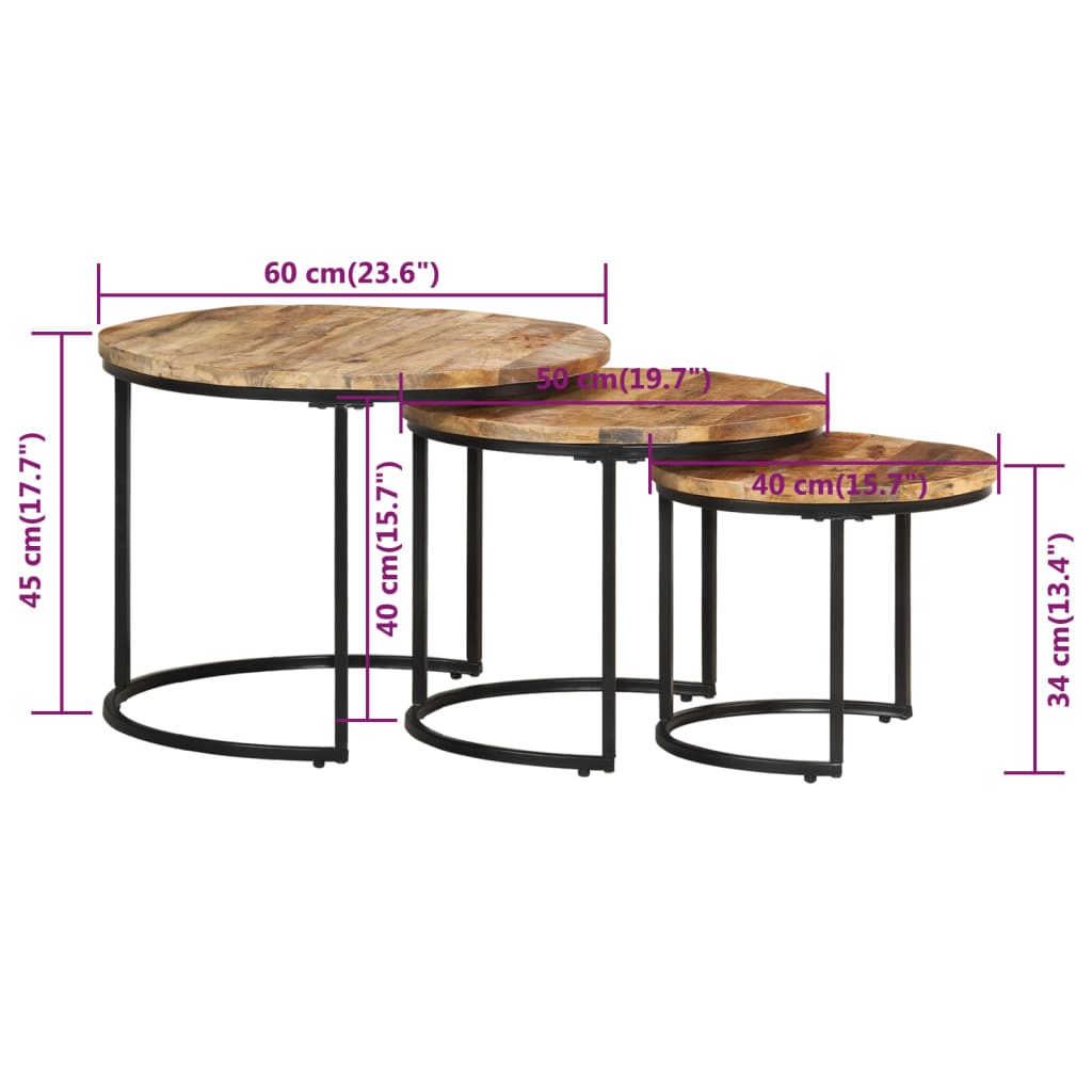 Tables gigognes 3 pcs Bois de manguier brut