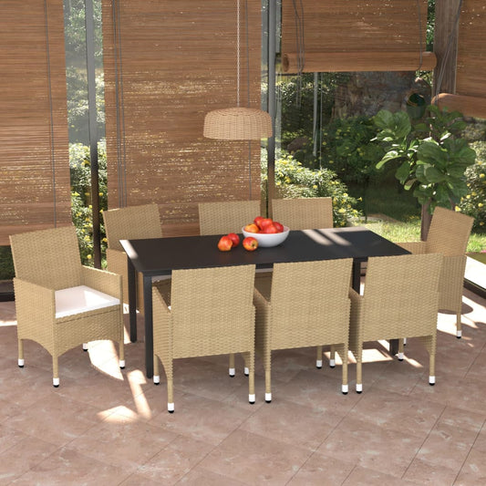 Ensemble à manger de jardin et coussins 9 pcs Poly rotin Beige