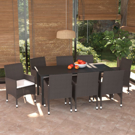 Ensemble à manger de jardin et coussins 9 pcs Poly rotin Marron