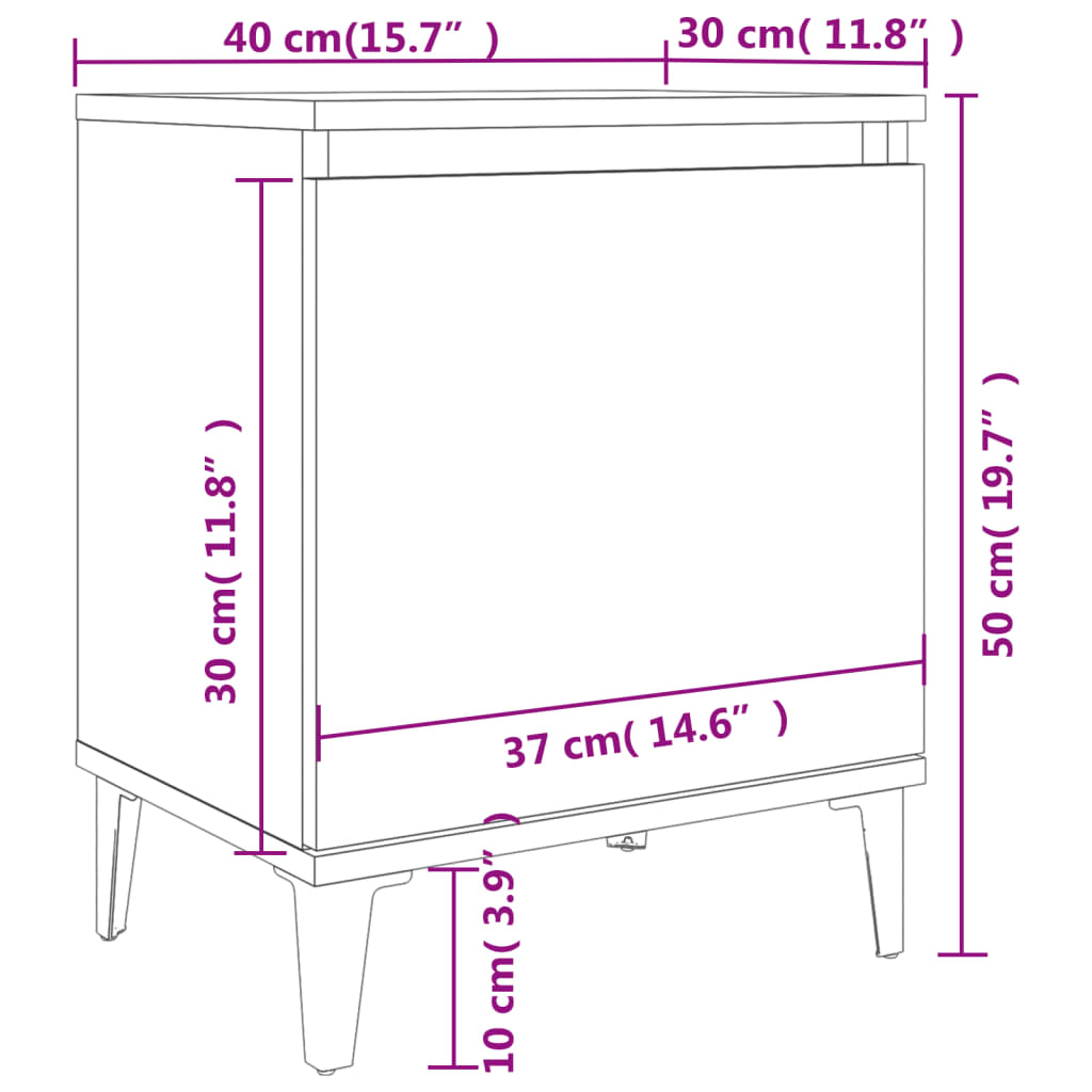 Table de chevet avec pieds en métal Chêne fumé 40x30x50 cm