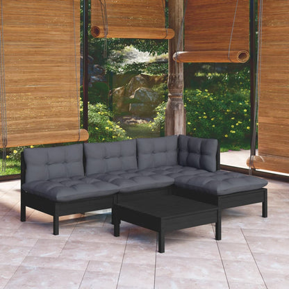 Salon de jardin 5 pcs avec coussins Noir Bois de pin