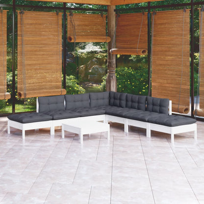 Salon de jardin 8 pcs avec coussins blanc bois de pin