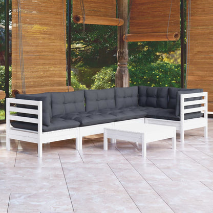 Salon de jardin 6 pcs avec coussins blanc bois de pin