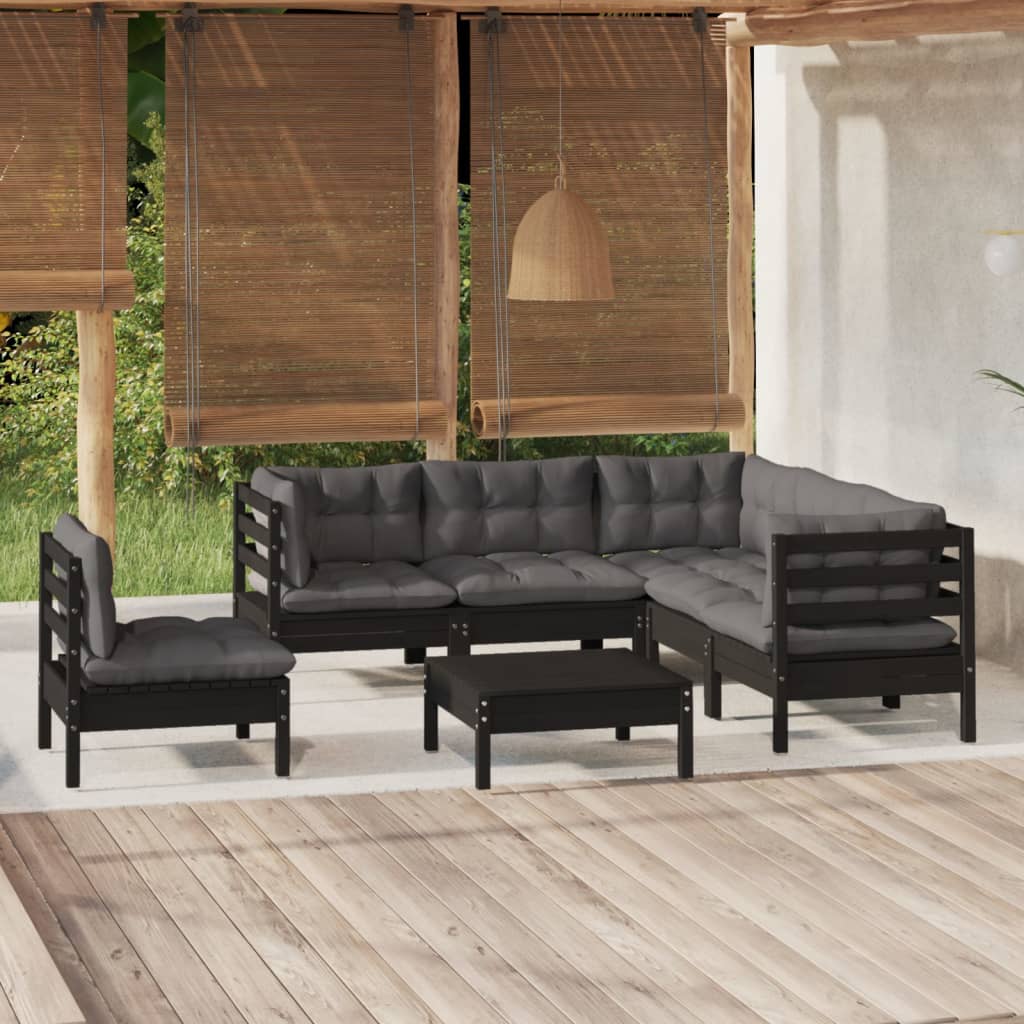 Salon de jardin 6 pcs avec coussins Noir Bois de pin