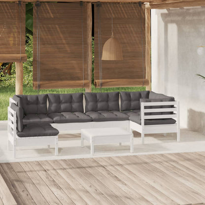 Salon de jardin 7 pcs avec coussins blanc bois de pin