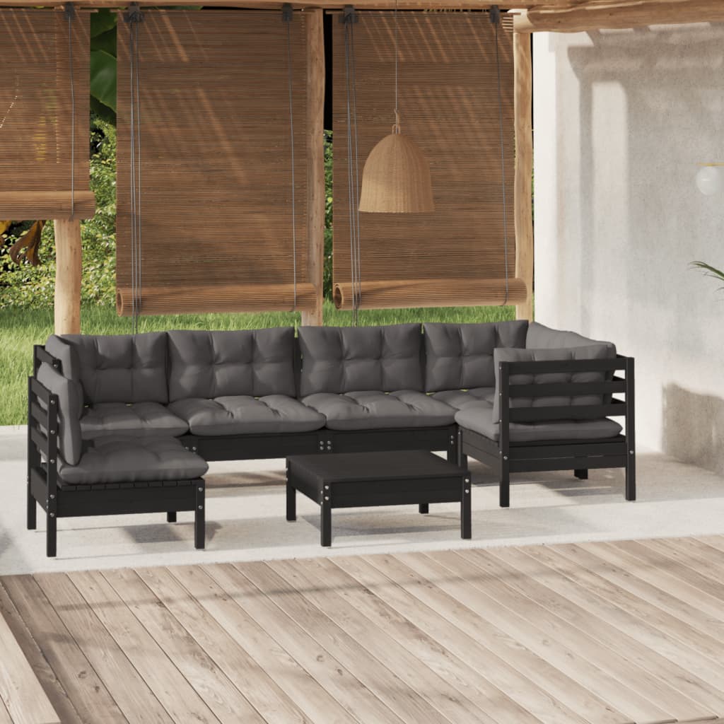 Salon de jardin 7 pcs avec coussins Noir Bois de pin