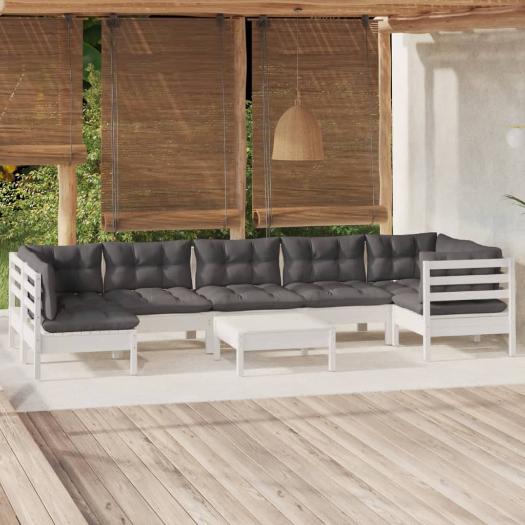 Salon de jardin 8 pcs avec coussins blanc bois de pin