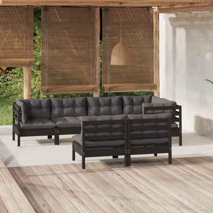 Salon de jardin 7 pcs avec coussins Noir Bois de pin massif