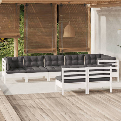 Salon de jardin 8 pcs avec coussins blanc bois de pin massif