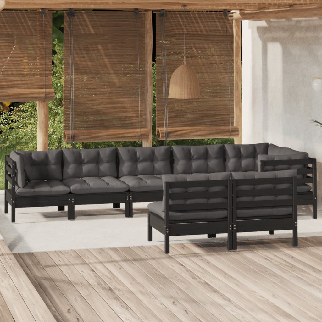 Salon de jardin 8 pcs avec coussins Noir Bois de pin massif