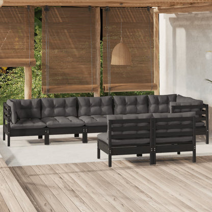 Salon de jardin 8 pcs avec coussins Noir Bois de pin massif